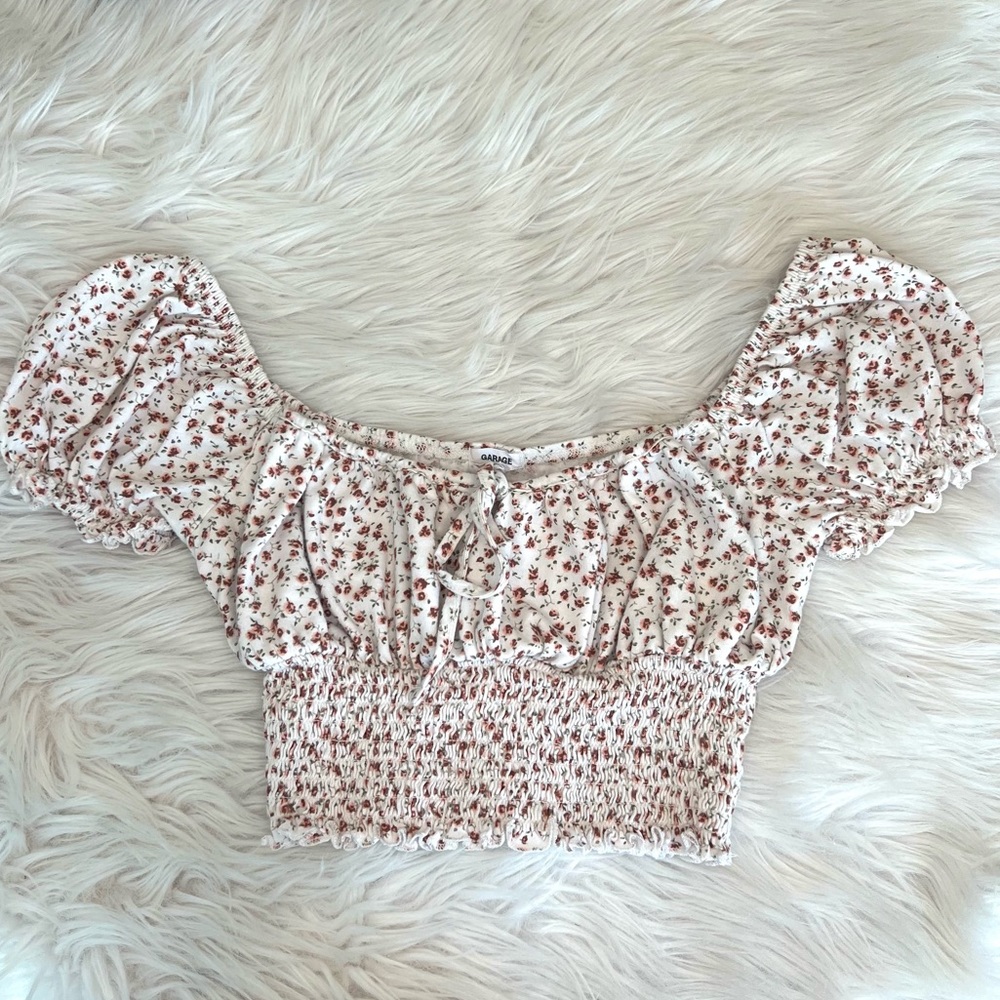 Garage Floral Ruched Tie Front Crop Top